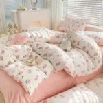 Charming Tulip & Mini Bear Cartoon Lightweight Quilt With Tassel Lace Trim - Set of Bedsheets, Duvet Cover & Pillow case - Image 9