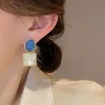 Asymmetric blue advanced exaggerated unique design earrings for women - Image 2