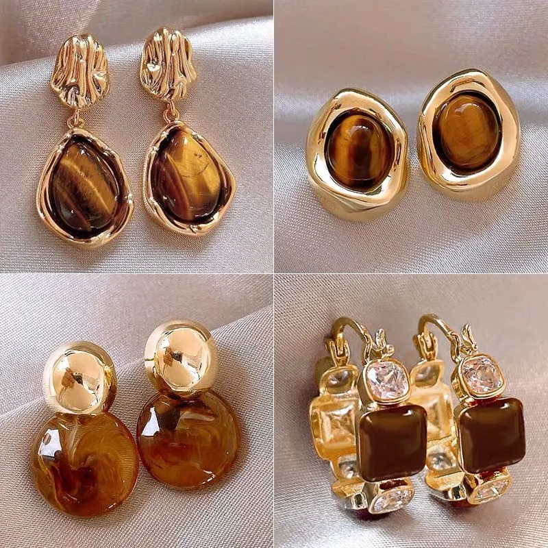 13354012930504784 Retro Maillard style unique tiger eye stone earrings for women light luxury versatile high-end earrings - Image 1