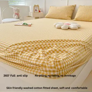 Washed Cotton Fitted Sheet – Simple Checkered & Solid Color Mattress Protector, Full Wrap Bed Sheet 3-Piece Set