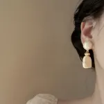 French Vintage Acrylic Long Earrings – Cream Almond and Sunset Orange Elegant Statement Studs - Image 5