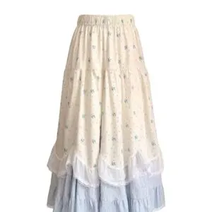French Floral Lace Ruffle A-Line Maxi Skirt