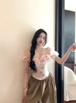 Floral Off-Shoulder Ruffle Blouse – Lace Trim Slim Fit Feminine Top - Image 9