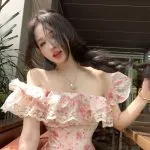 Floral Off-Shoulder Ruffle Blouse – Lace Trim Slim Fit Feminine Top