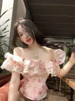 Floral Off-Shoulder Ruffle Blouse – Lace Trim Slim Fit Feminine Top
