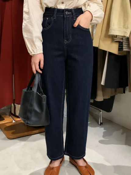 Retro Dark Blue High Waist Straight Leg Jeans