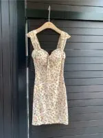 French Floral Square Neck Waist-Cinching Stretch Sundress – Elegant Summer Cami Dress - Image 6