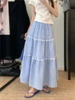 Elegant Lace Patchwork Plaid A-Line Cake Skirt - Image 6