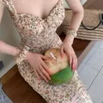 French Floral Square Neck Waist-Cinching Stretch Sundress – Elegant Summer Cami Dress - Image 2