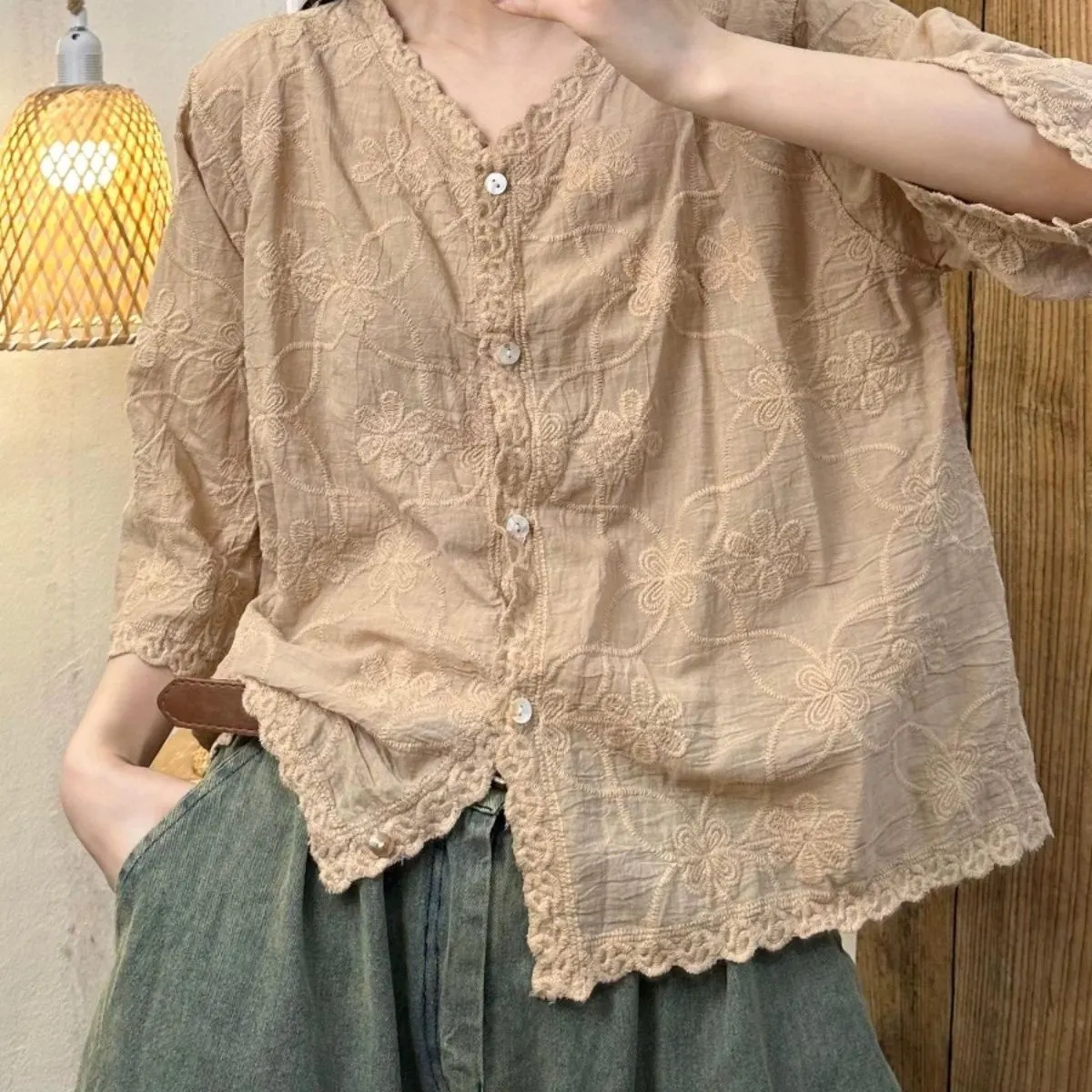 Main Images1 Vintage Floral Embroidered Cotton Tie-Front Cardigan Blouse - Image 1