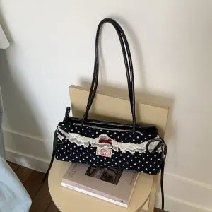 Vintage Polka Dot Lace Bow Baguette Shoulder Bag