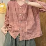 Vintage Floral Embroidered Cotton Tie-Front Cardigan Blouse - Image 2
