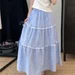 Elegant Lace Patchwork Plaid A-Line Cake Skirt