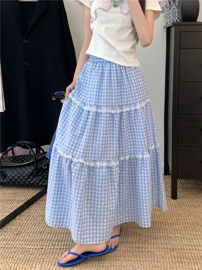 Main Images4 Elegant Lace Patchwork Plaid A-Line Cake Skirt - Image 1