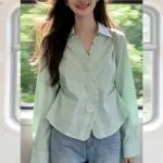 Mint Green Ruffle V-Neck French Girl Blouse - Image 6