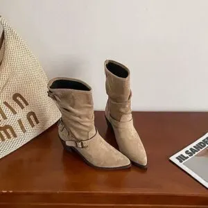 Vintage Western Cowboy Boots for Women – Pointed Toe Mid-Calf Riding Boots with Block Heel
