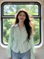 Mint Green Ruffle V-Neck French Girl Blouse - Image 8