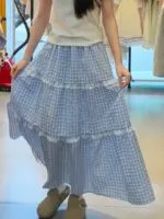 Elegant Lace Patchwork Plaid A-Line Cake Skirt - Image 9