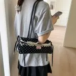Vintage Polka Dot Lace Bow Baguette Shoulder Bag - Image 9