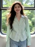 Mint Green Ruffle V-Neck French Girl Blouse - Image 10