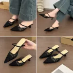 Women's Floral Lace Mesh Pointed Toe Mule Heels - Image 2