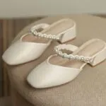 Women's Soft Leather Pearl Mule Heels – Closed Toe Chunky Mid Heel Slip-On Sandals