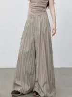 Women's Vintage Striped Wide Leg Pants | High-Waist Pleated Straight Leg Trousers