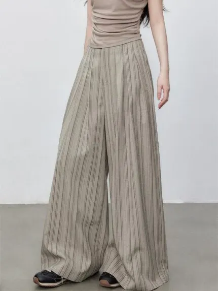 Women's Vintage Striped Wide Leg Pants | High-Waist Pleated Straight Leg Trousers