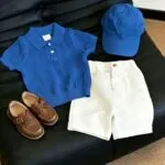 Boys' Korean Style Polo Knit Shirt & White Shorts Set - Image 3