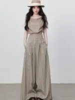 Women's Vintage Striped Wide Leg Pants | High-Waist Pleated Straight Leg Trousers - Image 5