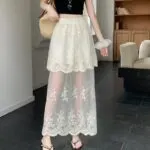 Lace Embroidered Mesh Pleated Maxi Skirt - Image 4