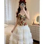 Sweet Floral Mesh Tube Top & Layered Cake Maxi Skirt Set