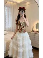 Sweet Floral Mesh Tube Top & Layered Cake Maxi Skirt Set