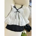 Sweet Polka Dot Puff Sleeve V-Neck Top