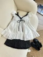 Sweet Polka Dot Puff Sleeve V-Neck Top - Image 2