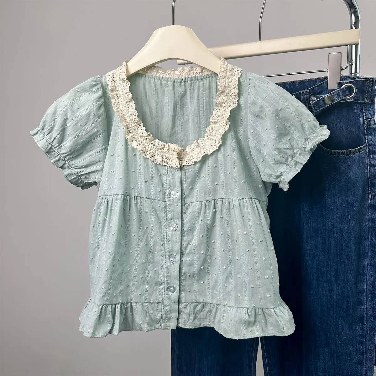 Weixin Image_2026-07-30_181850_273 Mint Green Lace Square Neck Blouse - Image 1