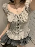 Plaid Lace Trim Short Sleeve Blouse - Image 2