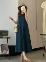 Vintage French Sleeveless Denim A-Line Maxi Dress