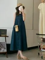Vintage French Sleeveless Denim A-Line Maxi Dress - Image 4