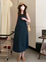 Vintage French Sleeveless Denim A-Line Maxi Dress - Image 5