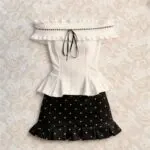 Off-Shoulder Ruffle Blouse & Polka Dot High-Waist Skirt Co-Ord Set - Image 2