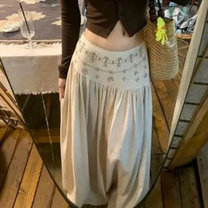 Beaded Rhinestone Beige A-Line Maxi Skirt