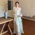 Elegant Chinese-Inspired Floral Blouse & Maxi Skirt Set - Image 10