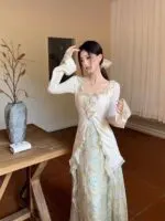 Elegant Chinese-Inspired Floral Blouse & Maxi Skirt Set