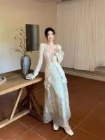 Elegant Chinese-Inspired Floral Blouse & Maxi Skirt Set - Image 4