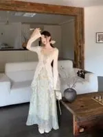 Elegant Chinese-Inspired Floral Blouse & Maxi Skirt Set - Image 3