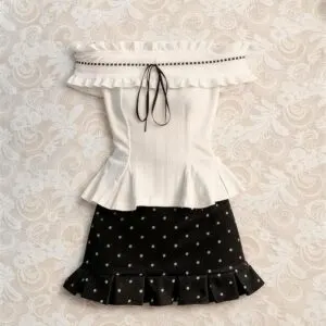 Off-Shoulder Ruffle Blouse & Polka Dot High-Waist Skirt Co-Ord Set