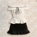 Off-Shoulder Ruffle Blouse & Polka Dot High-Waist Skirt Co-Ord Set