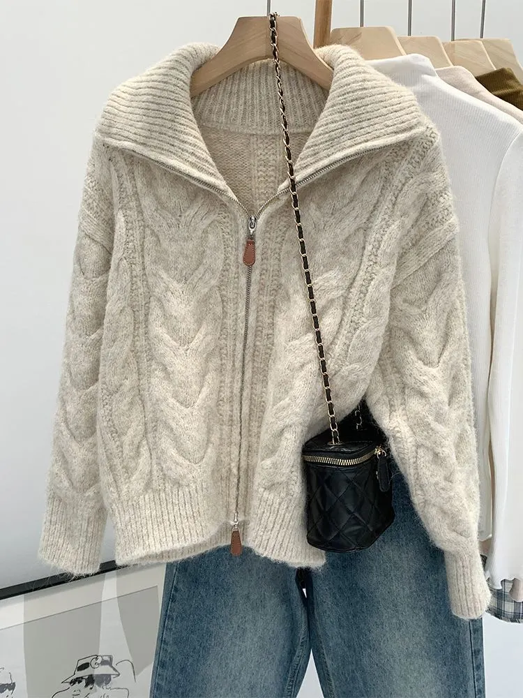 Main Images2 Collared Chunky Knit Zip-Up Cardigan - Image 1