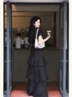 Elegant Black Polka Dot Puff Sleeve Top & Skirt Set - Image 7